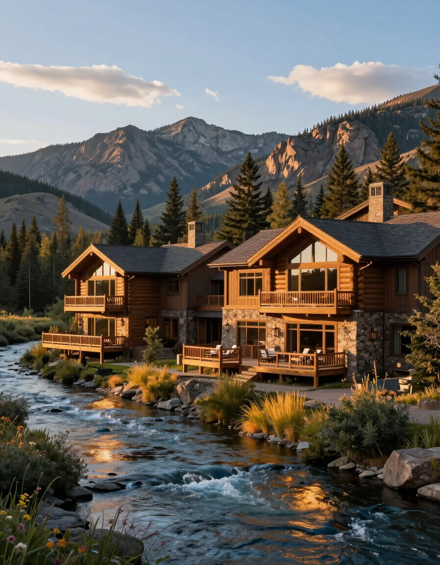 Luxury mountain home near Payette River Idaho at golden hour