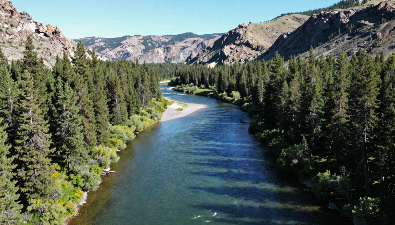 Scenic Payette River with forested banks and mountain terrain
