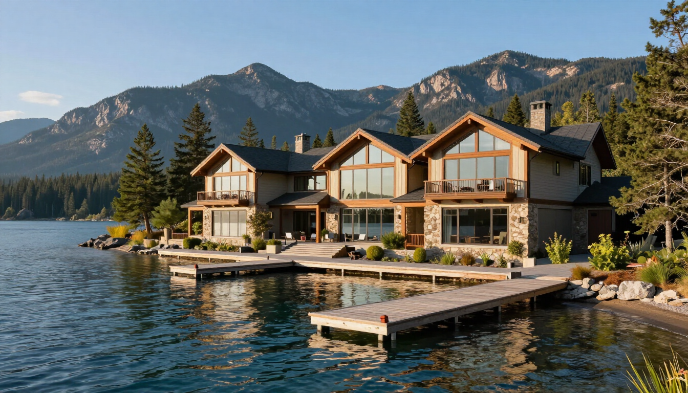 Luxury waterfront home on Payette Lake with mountain backdrop