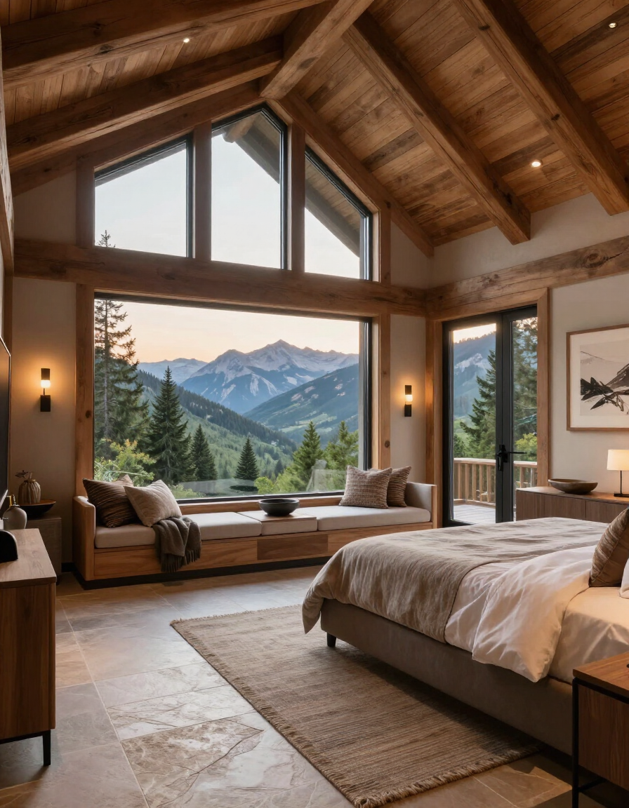 Interior of a newly completed primary suite addition in a luxury mountain home