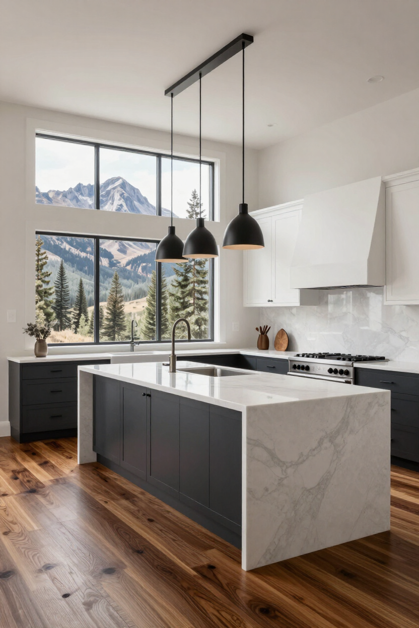Open-concept luxury kitchen remodel with waterfall island and mountain views