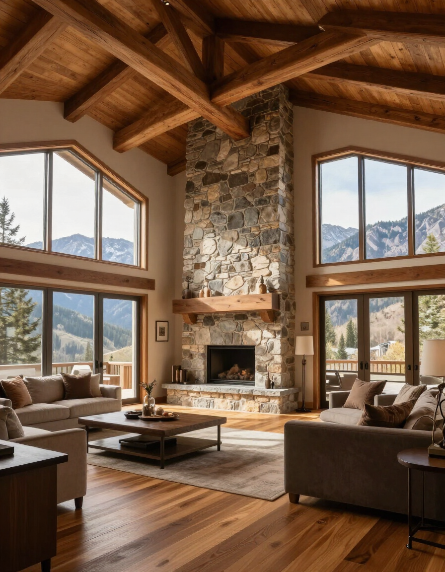 Luxury custom home great room with mountain views