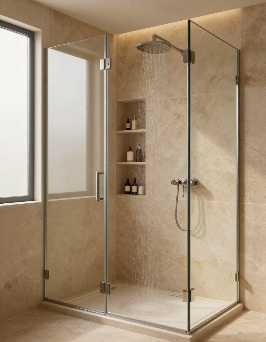 Completed luxury walk-in shower remodel with frameless glass and stone tile