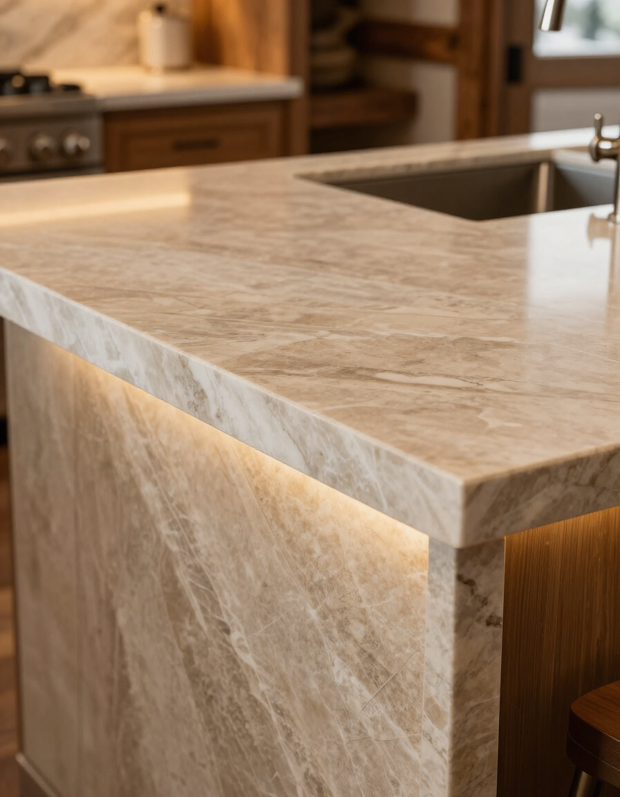 Luxury natural stone countertop waterfall edge detail in McCall Idaho kitchen