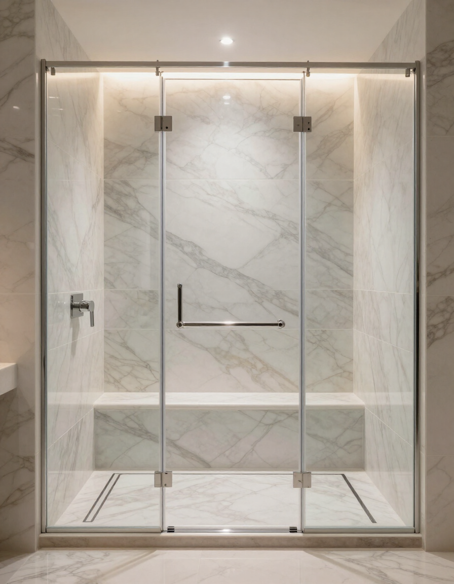 Completed frameless glass walk-in shower with marble tile and built-in bench