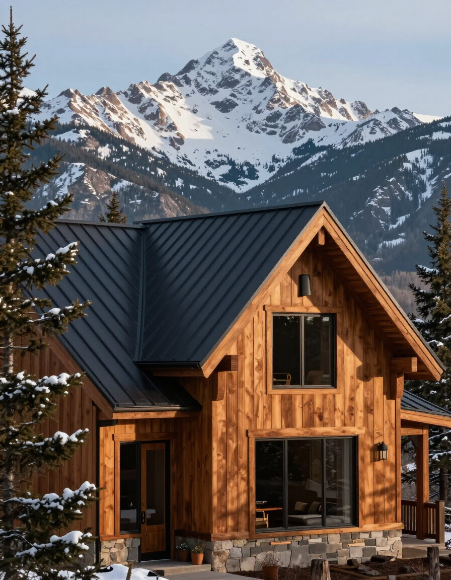 Luxury custom mountain home with architectural roofline in Idaho