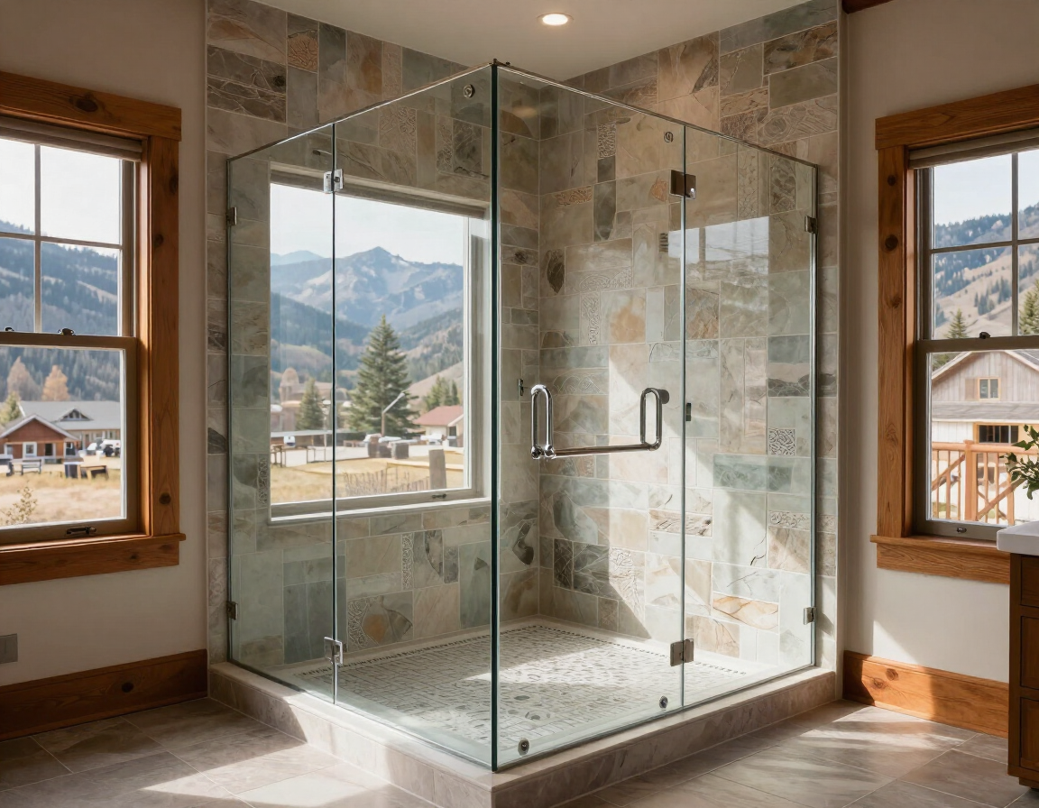 Spacious frameless glass shower with custom tile surround
