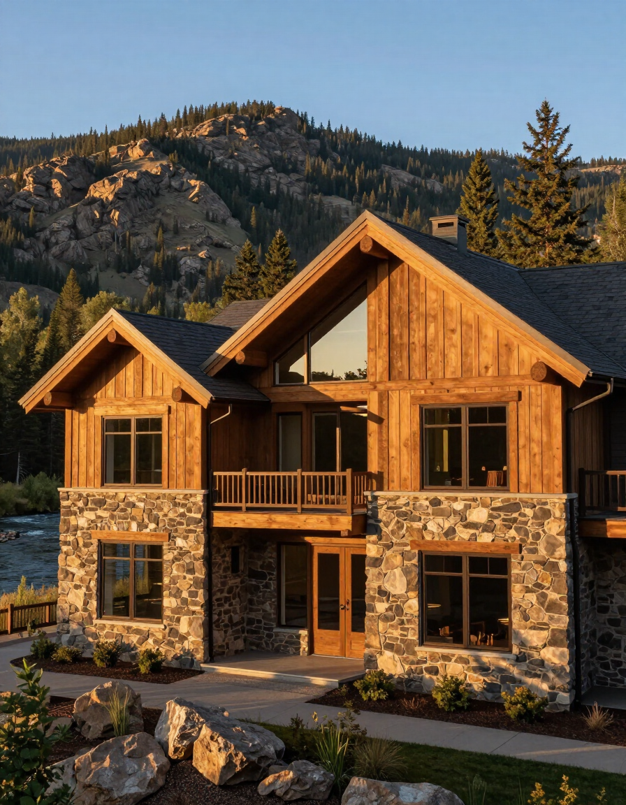 Luxury custom home exterior along the Payette River at golden hour