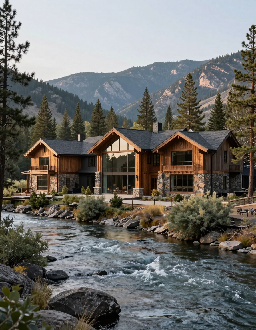 Luxury custom home exterior showcasing natural wood and stone in Idaho mountain setting
