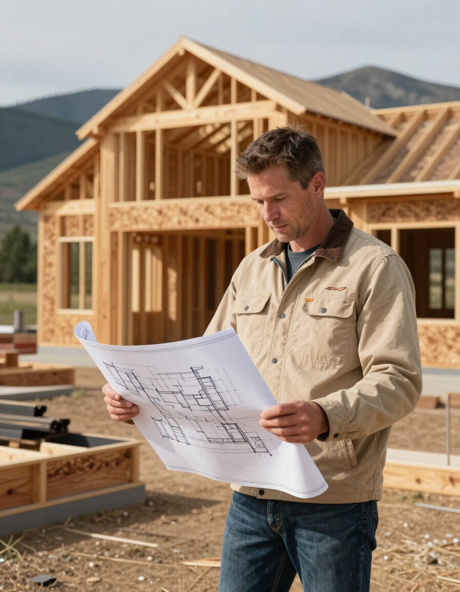 Dustin Fee reviewing construction plans on luxury residential build site
