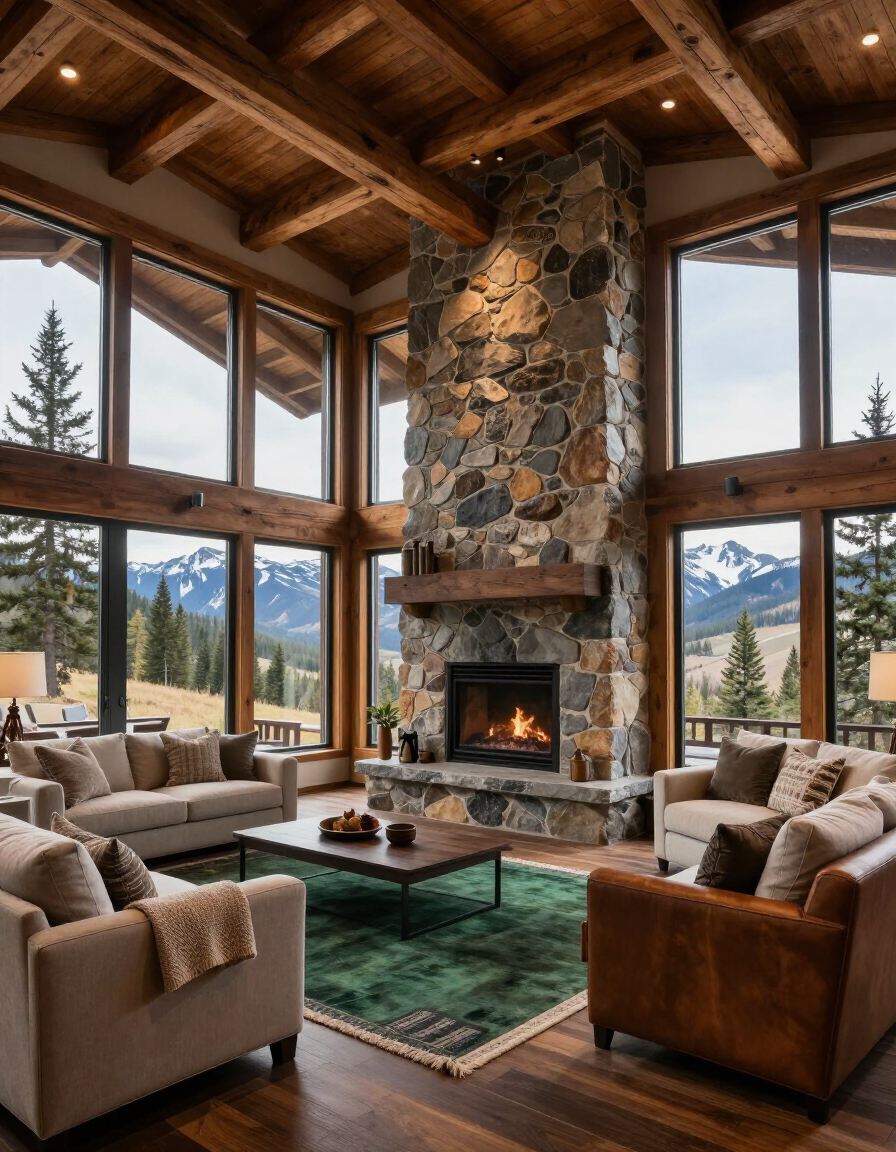 Luxury mountain home great room interior with timber beams and stone fireplace