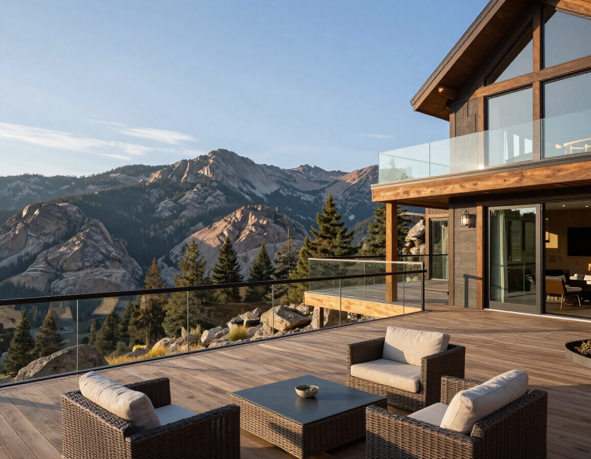 Multi-level custom deck with mountain ridgeline backdrop