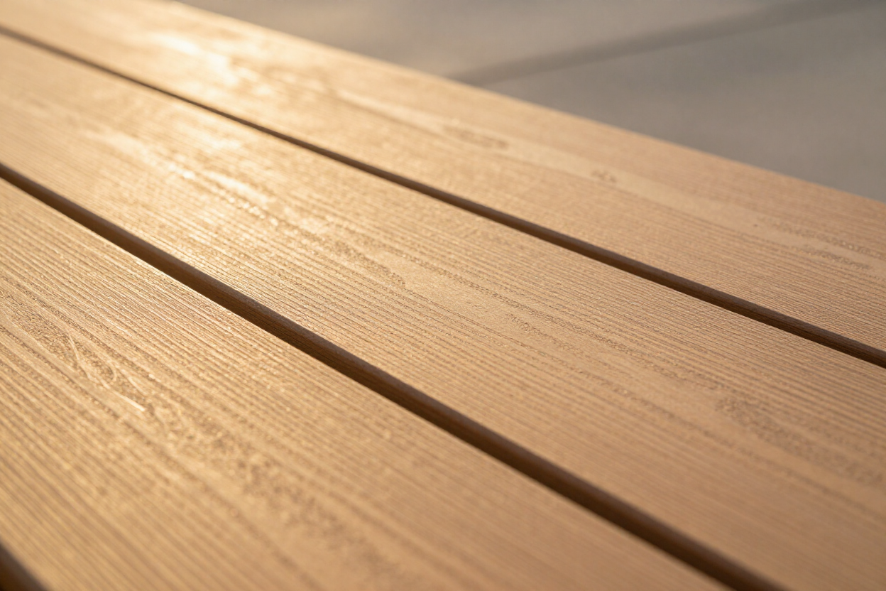 Close-up of composite decking planks with warm late-afternoon shadow