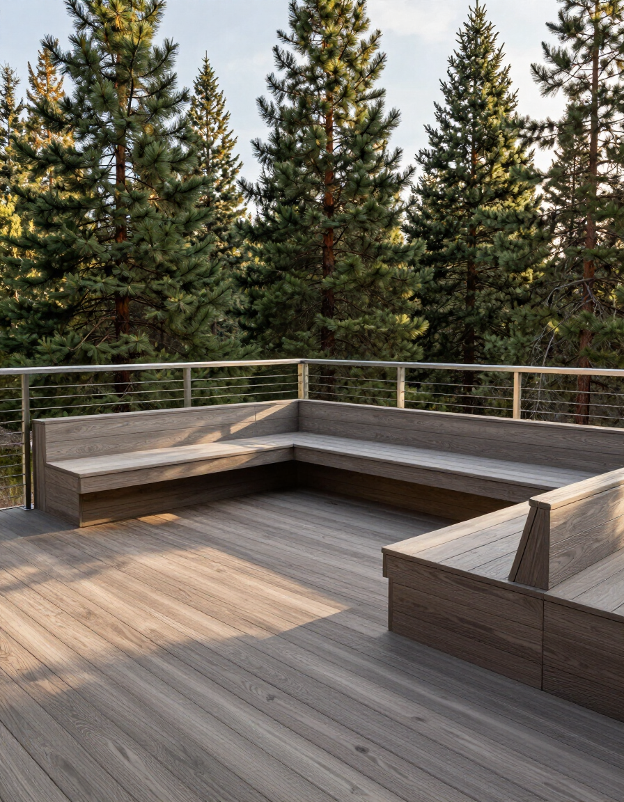 Luxury custom deck with built-in seating, cable railing and Idaho pine forest views