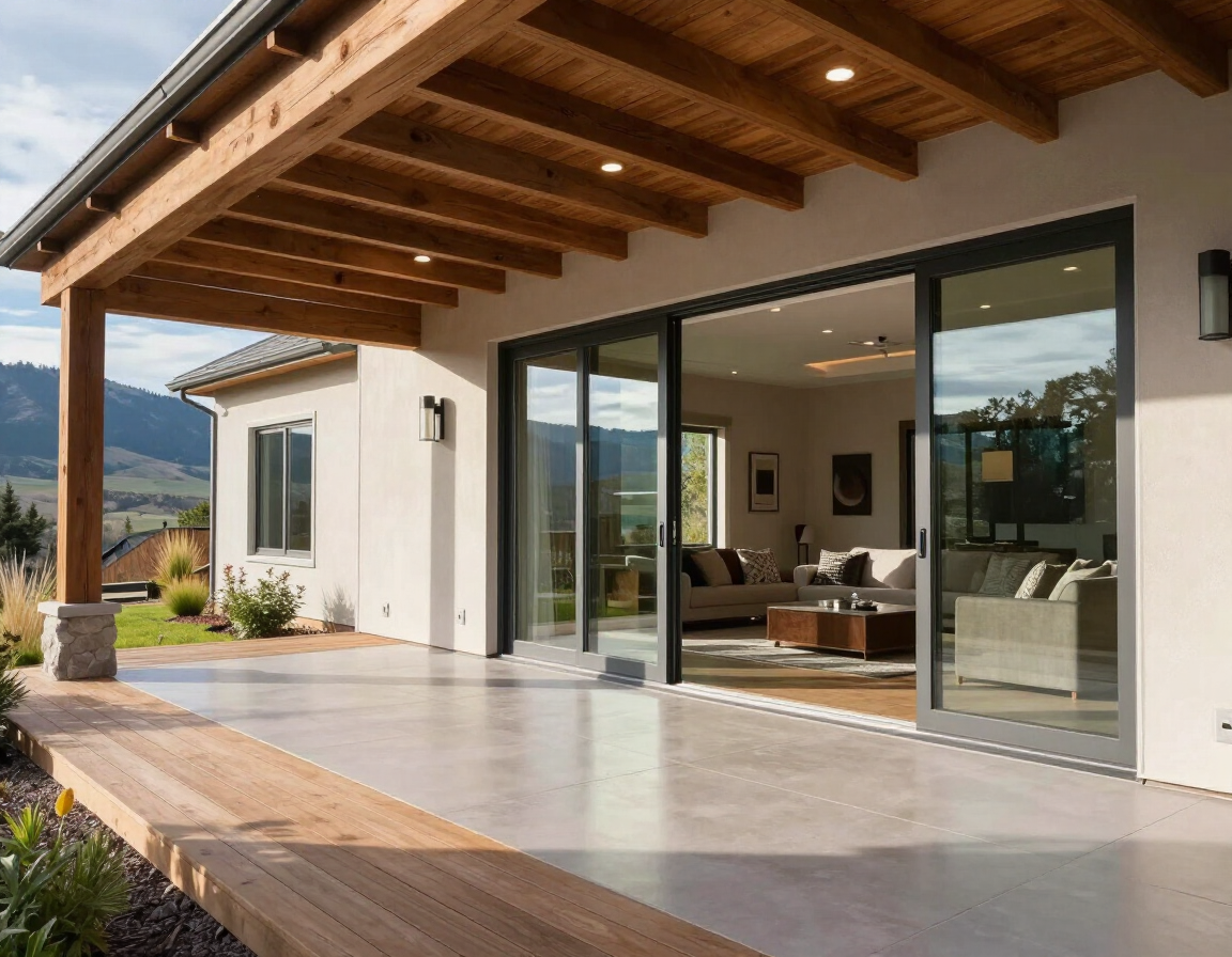 Deck and covered patio combination with sliding glass doors to interior