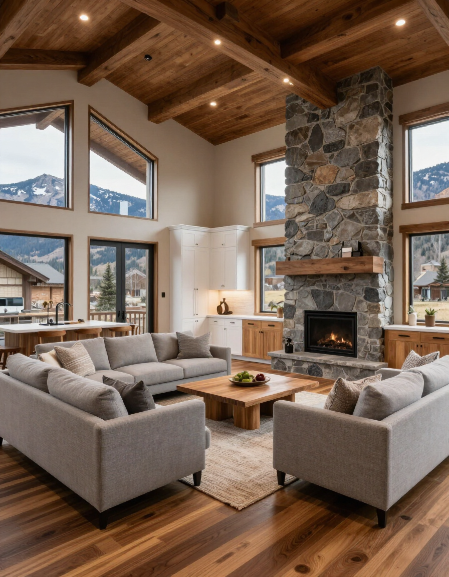 Luxury interior remodel in a mountain home setting with premium flooring and custom cabinetry