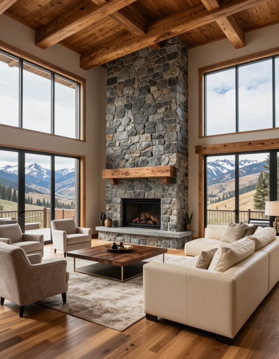 Luxury custom home great room with mountain views