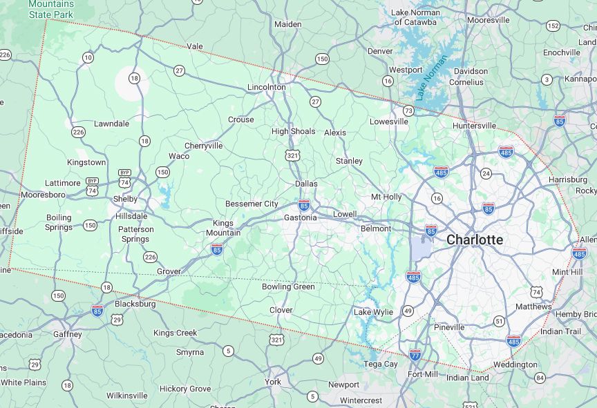 Map of western North Carolina and South Carolina centered on Charlotte, with roads and city labels.