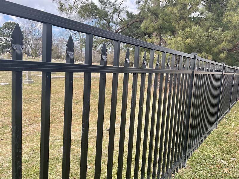 Black metal fence with pointed pickets beside a grassy area and trees under a cloudy sky