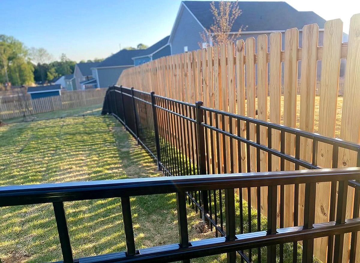 Backyard with black metal fence beside a tall wooden privacy fence on a sunny day