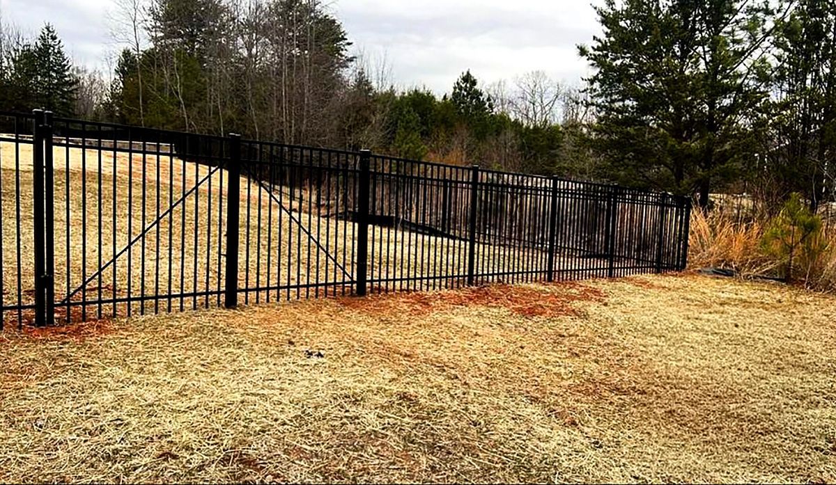 Black metal gate in a fenced rural field with gravel foreground and trees beyond