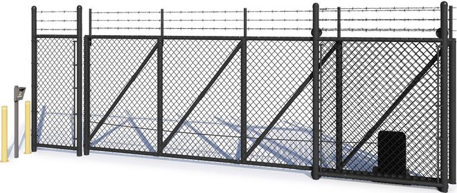 Black chain-link fence with a sliding gate and diagonal braces on a white background