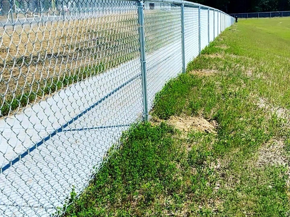 Chain-link fence along a grassy path beside a road on a clear day