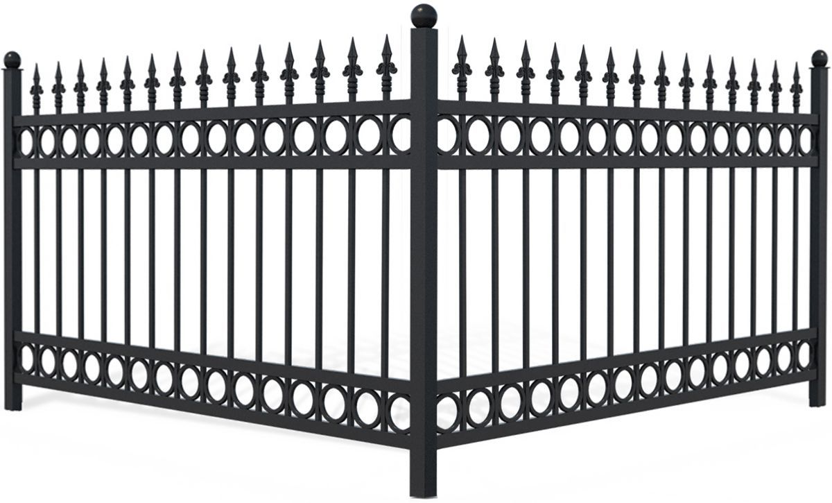 Black wrought-iron decorative fence with pointed spikes and circular accents, shown in a corner view.