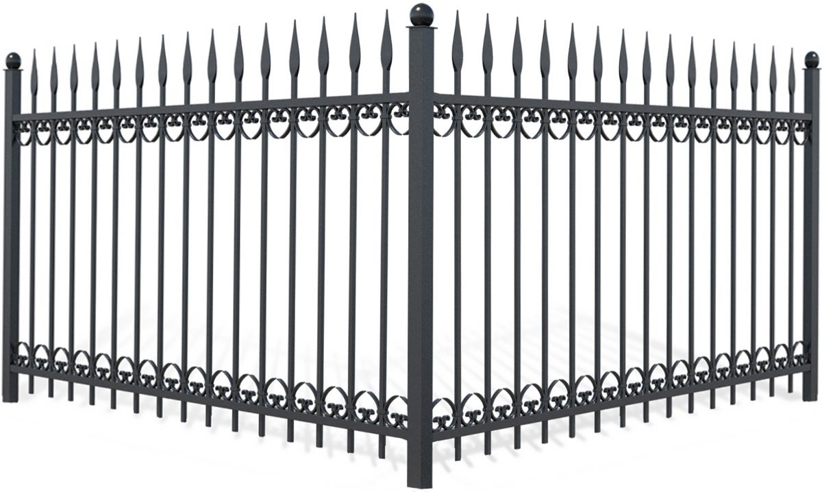 Black wrought-iron fence with pointed finials and decorative scrollwork on a white background