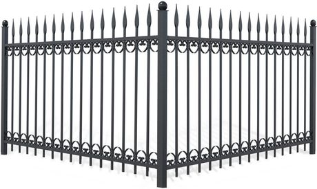 Black wrought iron fence with pointed finials and decorative scrollwork, shown at a corner angle