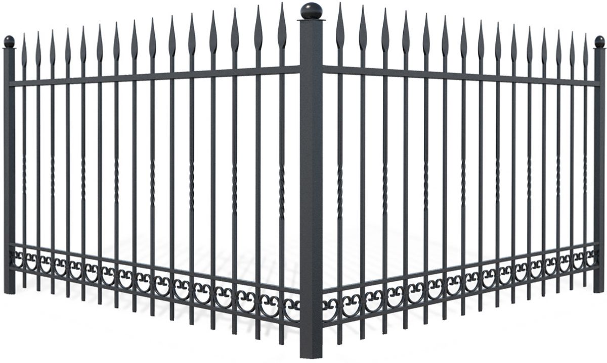 Black wrought-iron fence with pointed spikes and decorative rings in a corner section