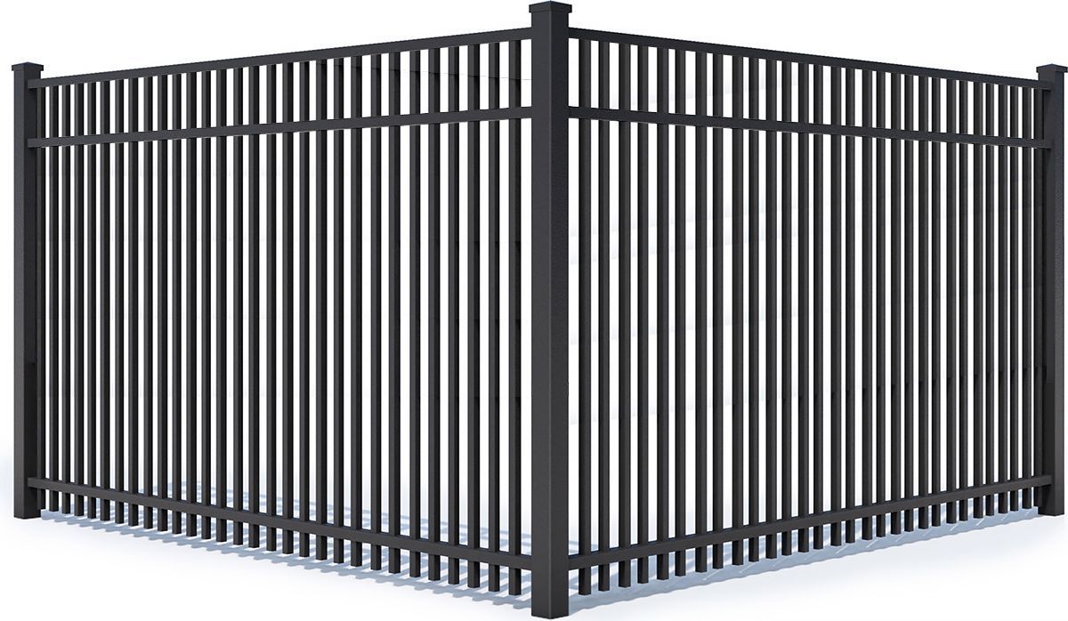 Black metal fence panels with vertical bars forming a corner section