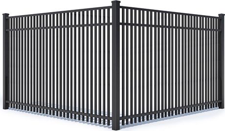 Black metal security fence panels with vertical bars and corner posts