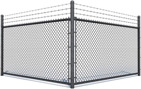 Black chain-link fence corner with metal posts and barbed wire top