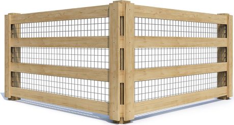 Wooden outdoor animal pen with wire mesh sides and a hinged corner gate