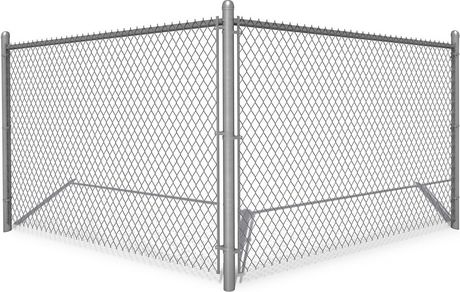 Chain-link fenced corner with two gray posts on a white background