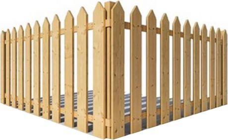 Wooden picket fence panel with pointed slats in a corner shape on a white background