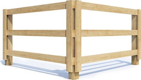 Wooden corner fence with horizontal slats on a white background
