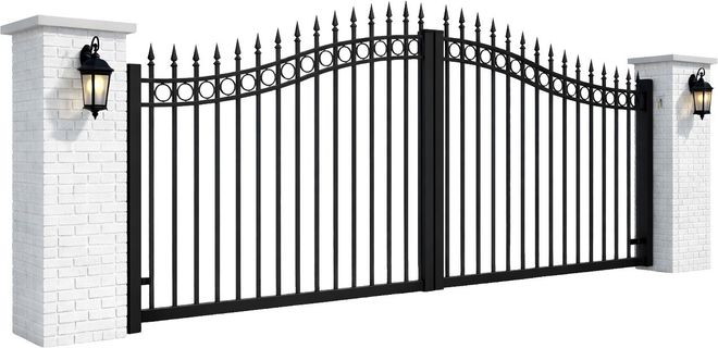 Black wrought-iron driveway gate between white brick pillars with lanterns
