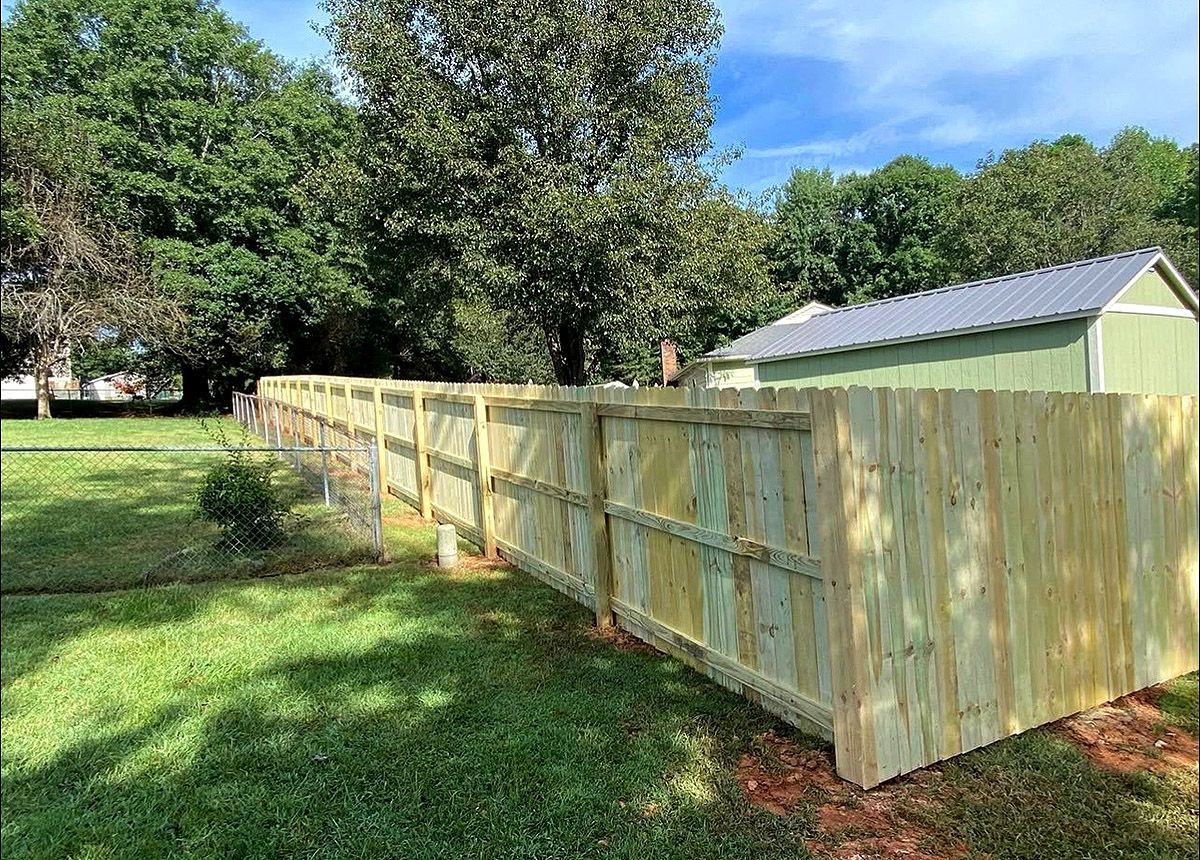 Long wooden fence beside a green shed in a sunny backyard with trees and grass