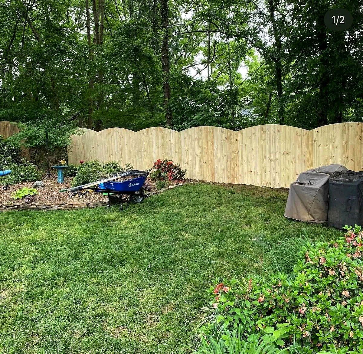 Backyard with fresh grass, new wooden fence, trees, and a blue wheelbarrow near a covered grill