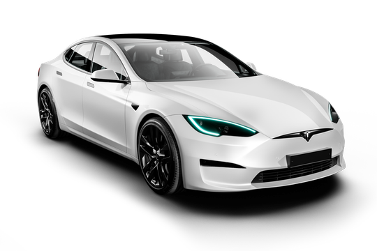 A white tesla model s with green lights on a white background.