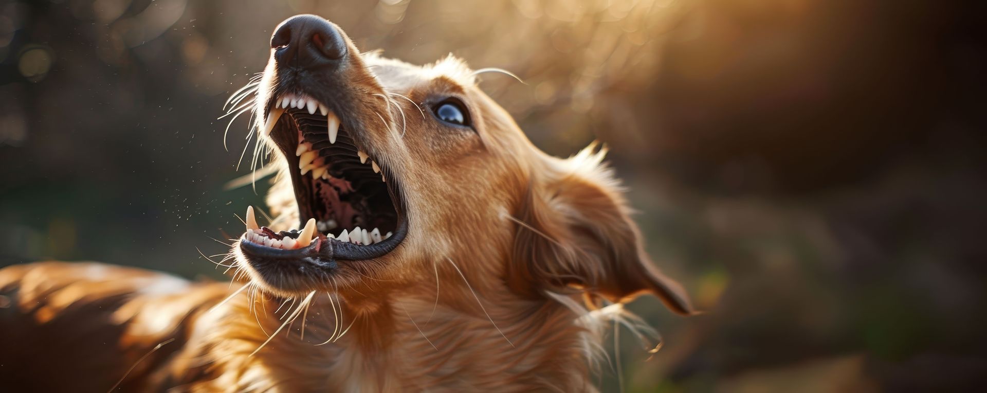 Brown dog with mouth wide open, teeth bared, appears to be growling.