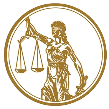 Lady Justice with scales and sword, inside a gold circle.