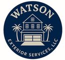 Watson Exterior Services, LLC logo with house, palm trees, and dark blue circle