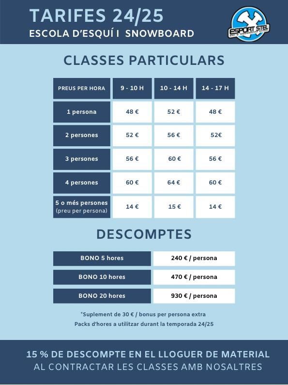 Un cartel azul y blanco con una tabla de precios para clases de snowboard.