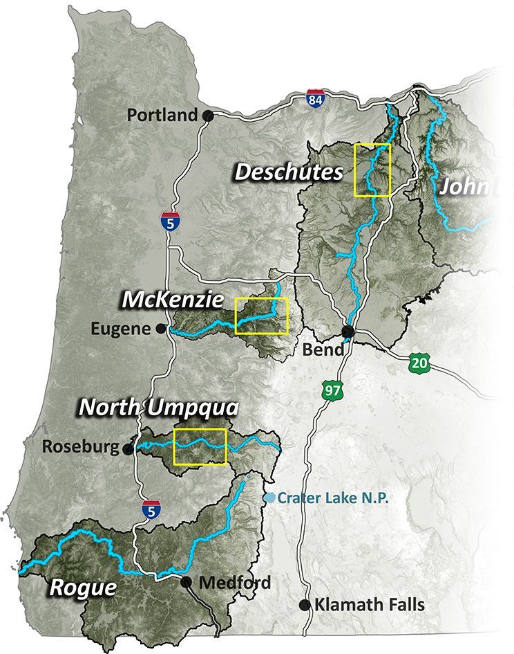 This is a map showcasing day trips around Oregon.