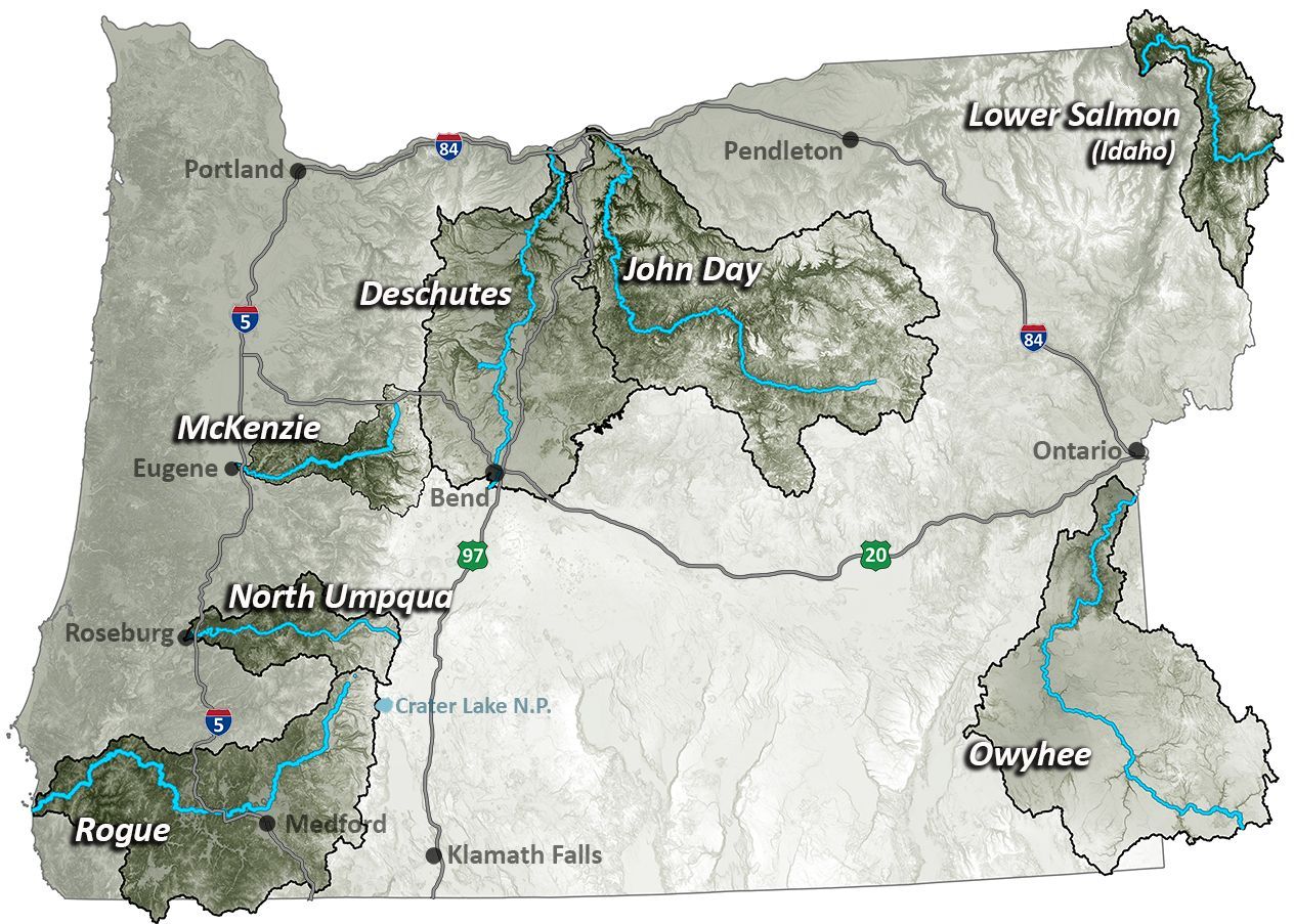 This is a map of Ouzel Outfitters river destinations in Oregon and Idaho.
