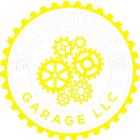 Circular yellow-and-white Gears Garage LLC logo with interlocking gears inside a toothed ring.