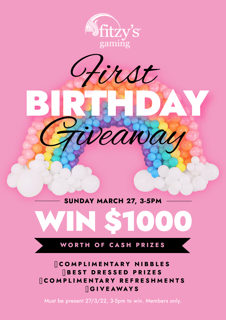 A pink poster for a first birthday giveaway with a rainbow and clouds.